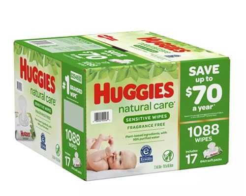 Huggies Natural Care Sensitive Baby Wipes, Unscented, Hypoallergenic, 99% Purified Water, 12 Flip-Top Packs (768 Wipes Total), Packaging May Vary