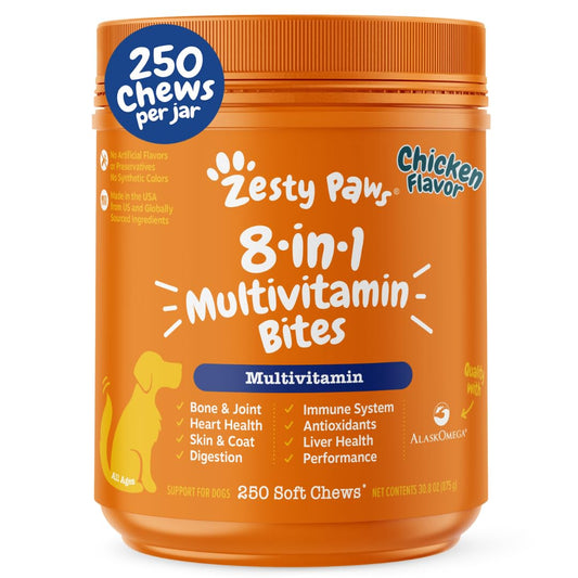 Zesty Paws Multivitamin Treats for Dogs, Glucosamine Chondroitin Joint Support + Digestive Enzymes & Probiotics, Grain Free Dog Vitamins and Supplements for Skin & Coat, Peanut Butter - 90ct