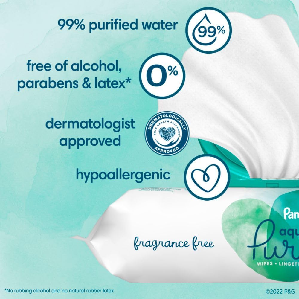 Pampers Baby Wipes Aqua Pure, 99% water-based wipes, Hypoallergenic and Unscented Baby Wipes, 672 Wipes Total (12 Flip-Top Packs)