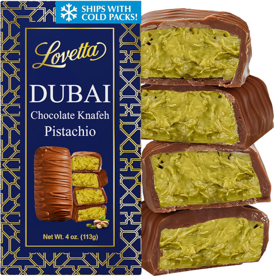 Lovetta Dubai Chocolate Bar Pistachio Knafeh - Luxury Rich Milk Chocolate, Individually Wrapped Fresh, Premium Pistachio Cream Kataifi Filling (1 Pack)