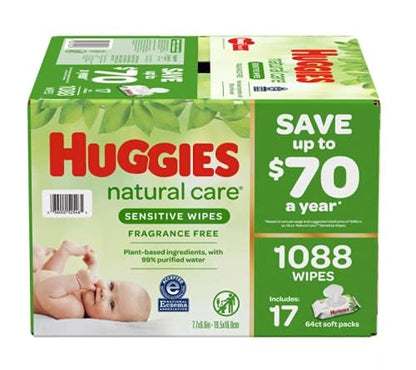 Huggies Natural Care Sensitive Baby Wipes, Unscented, Hypoallergenic, 99% Purified Water, 12 Flip-Top Packs (768 Wipes Total), Packaging May Vary