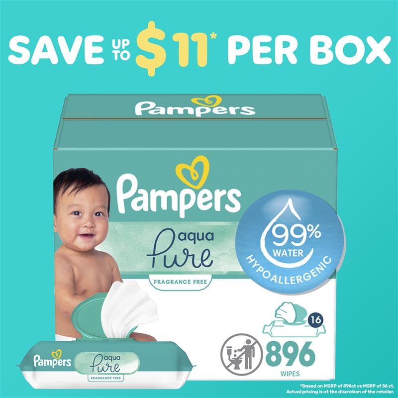 Pampers Baby Wipes Aqua Pure, 99% water-based wipes, Hypoallergenic and Unscented Baby Wipes, 672 Wipes Total (12 Flip-Top Packs)