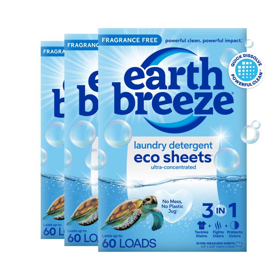 Earth Breeze Laundry Detergent Sheets Fresh Scent - 180 Loads Eco Liquidless Soap - Travel-Friendly for Hot & Cold Cycles, Tackles Tough Stains & Odors - Gentle on Skin, 90 Ct (3 Pack)
