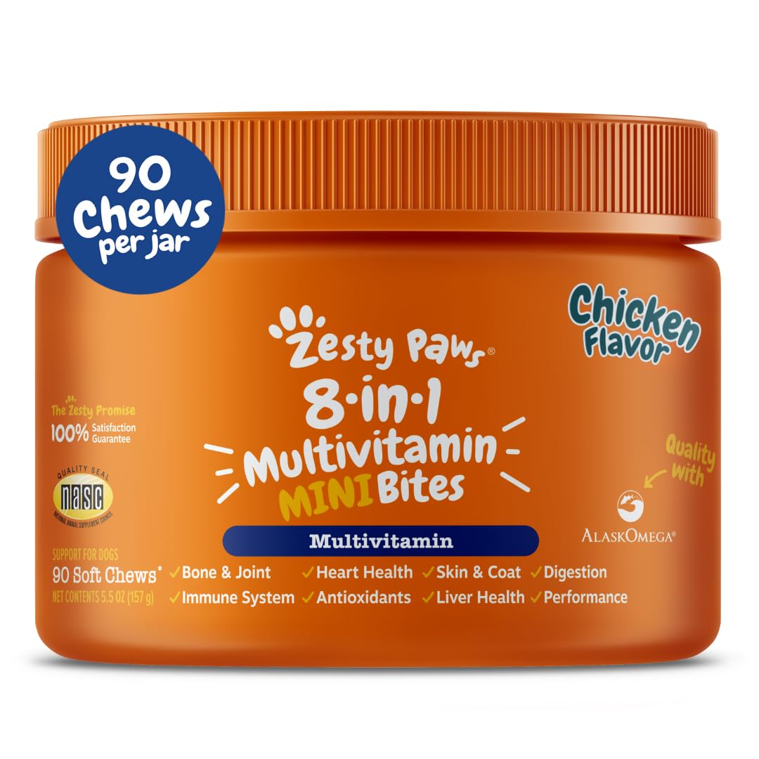 Zesty Paws Multivitamin Treats for Dogs, Glucosamine Chondroitin Joint Support + Digestive Enzymes & Probiotics, Grain Free Dog Vitamins and Supplements for Skin & Coat, Peanut Butter - 90ct