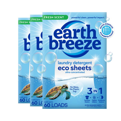 Earth Breeze Laundry Detergent Sheets Fresh Scent - 180 Loads Eco Liquidless Soap - Travel-Friendly for Hot & Cold Cycles, Tackles Tough Stains & Odors - Gentle on Skin, 90 Ct (3 Pack)