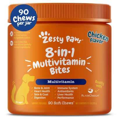 Zesty Paws Multivitamin Treats for Dogs, Glucosamine Chondroitin Joint Support + Digestive Enzymes & Probiotics, Grain Free Dog Vitamins and Supplements for Skin & Coat, Peanut Butter - 90ct