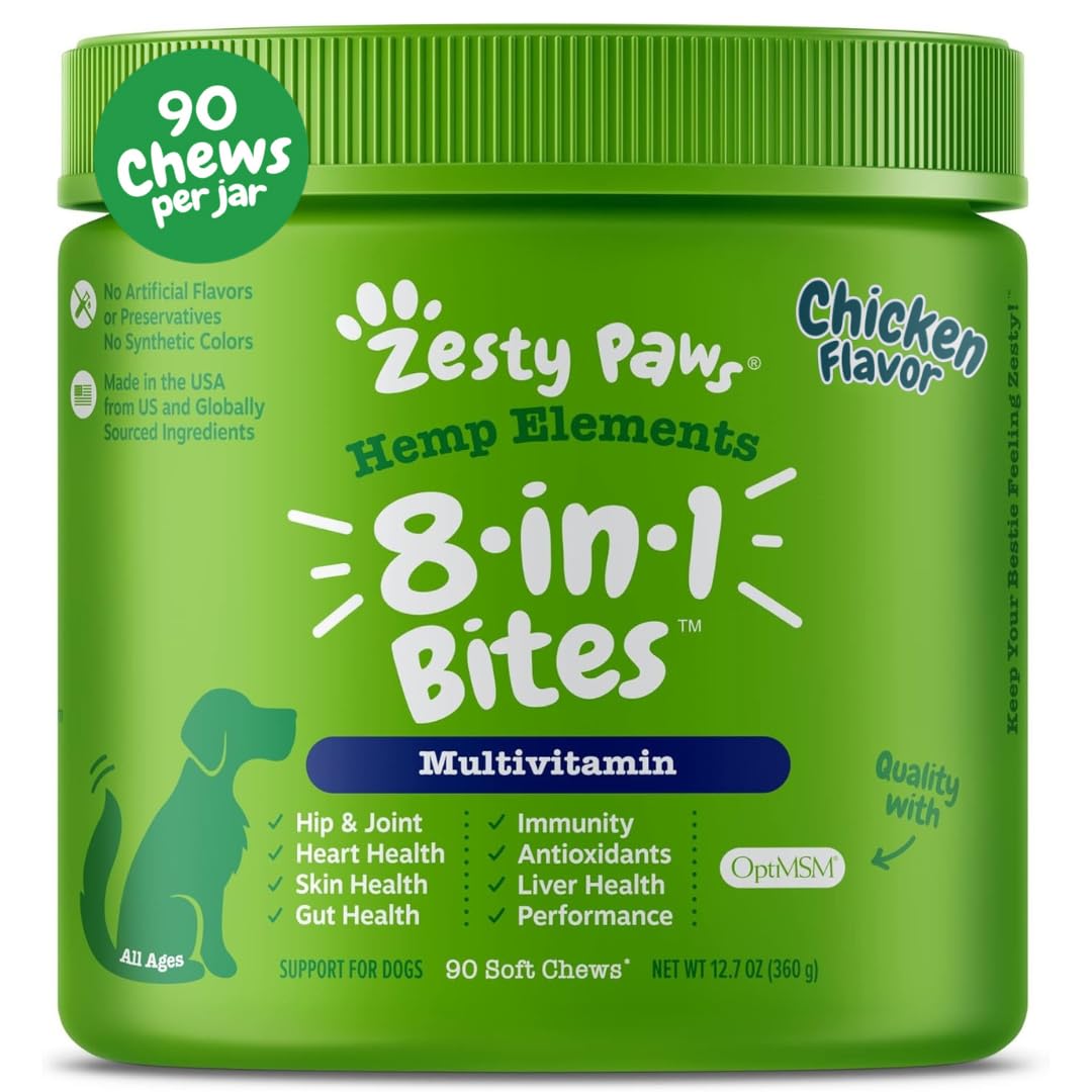 Zesty Paws Multivitamin Treats for Dogs, Glucosamine Chondroitin Joint Support + Digestive Enzymes & Probiotics, Grain Free Dog Vitamins and Supplements for Skin & Coat, Peanut Butter - 90ct