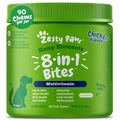 Zesty Paws Multivitamin Treats for Dogs, Glucosamine Chondroitin Joint Support + Digestive Enzymes & Probiotics, Grain Free Dog Vitamins and Supplements for Skin & Coat, Peanut Butter - 90ct