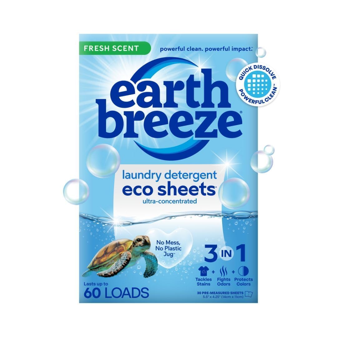 Earth Breeze Laundry Detergent Sheets Fresh Scent - 180 Loads Eco Liquidless Soap - Travel-Friendly for Hot & Cold Cycles, Tackles Tough Stains & Odors - Gentle on Skin, 90 Ct (3 Pack)