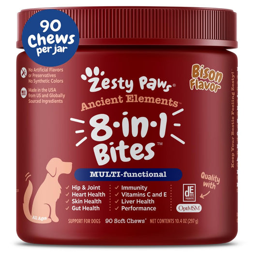Zesty Paws Multivitamin Treats for Dogs, Glucosamine Chondroitin Joint Support + Digestive Enzymes & Probiotics, Grain Free Dog Vitamins and Supplements for Skin & Coat, Peanut Butter - 90ct