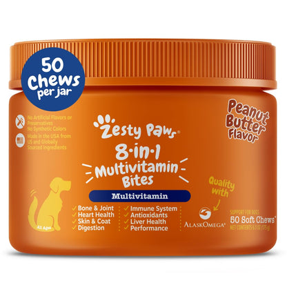 Zesty Paws Multivitamin Treats for Dogs, Glucosamine Chondroitin Joint Support + Digestive Enzymes & Probiotics, Grain Free Dog Vitamins and Supplements for Skin & Coat, Peanut Butter - 90ct
