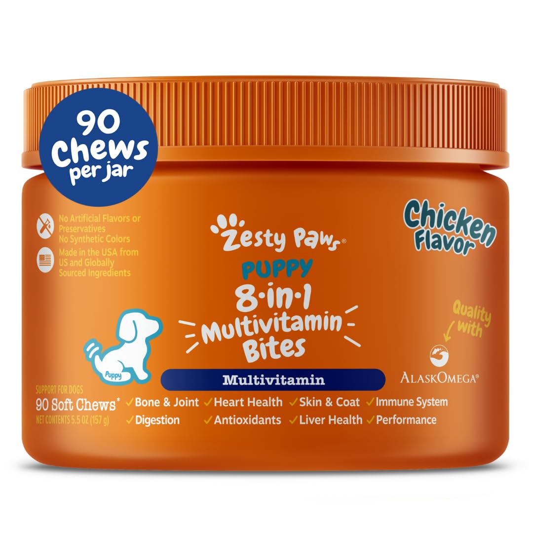 Zesty Paws Multivitamin Treats for Dogs, Glucosamine Chondroitin Joint Support + Digestive Enzymes & Probiotics, Grain Free Dog Vitamins and Supplements for Skin & Coat, Peanut Butter - 90ct