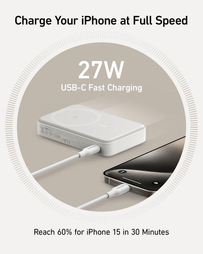 Anker MagGo Power Bank, Qi2 Certified 15W Ultra-Fast MagSafe-Compatible Portable Charger, 10,000mAh Battery Pack with Smart Display & Foldable Stand, For iPhone 15/14/13 Only (USB-C Cable Included)