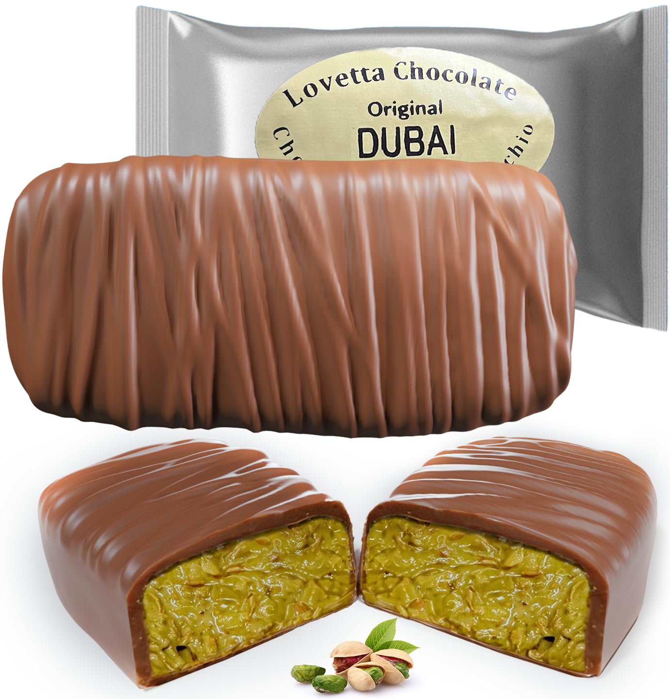 Lovetta Dubai Chocolate Bar Pistachio Knafeh - Luxury Rich Milk Chocolate, Individually Wrapped Fresh, Premium Pistachio Cream Kataifi Filling (1 Pack)