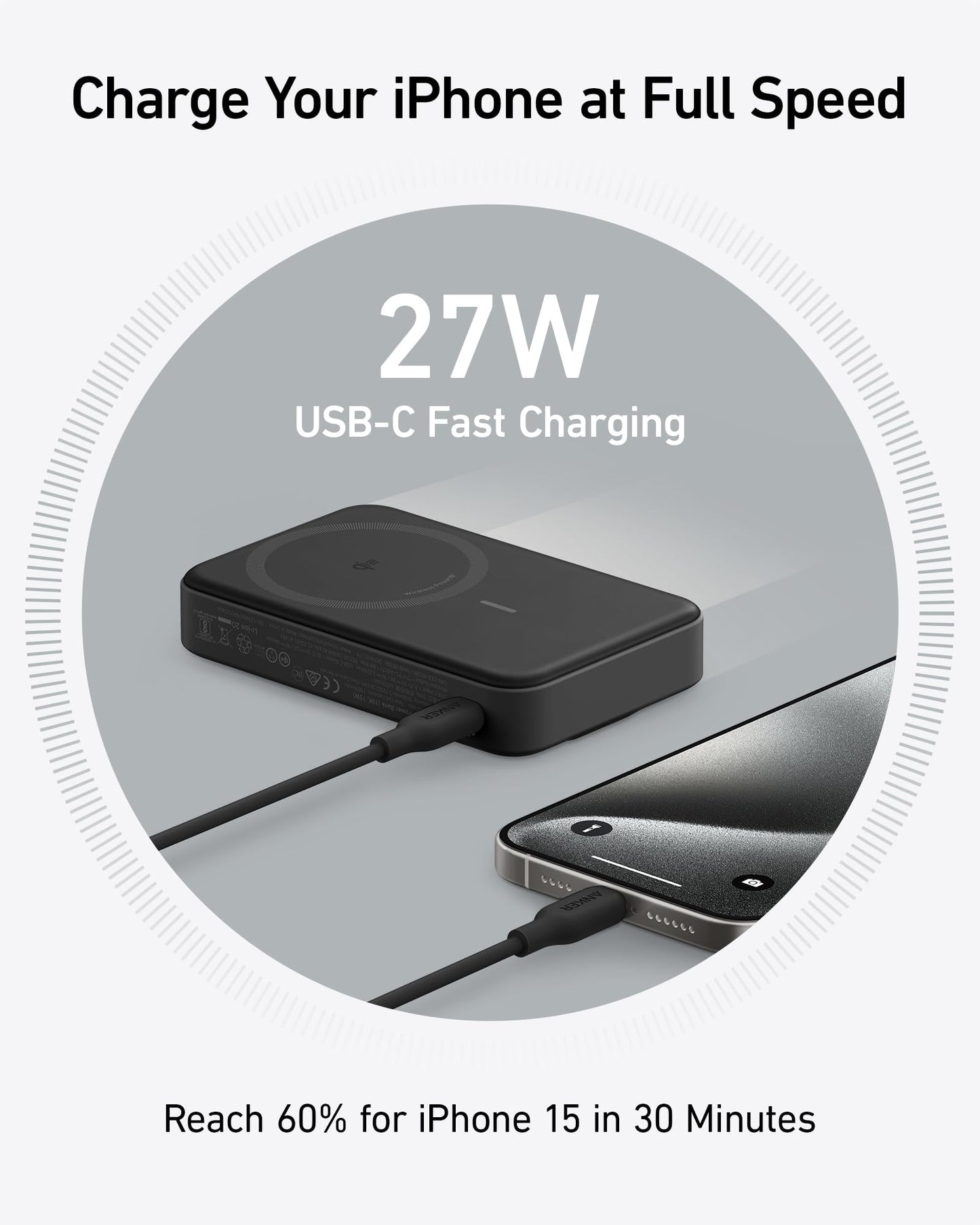 Anker MagGo Power Bank, Qi2 Certified 15W Ultra-Fast MagSafe-Compatible Portable Charger, 10,000mAh Battery Pack with Smart Display & Foldable Stand, For iPhone 15/14/13 Only (USB-C Cable Included)