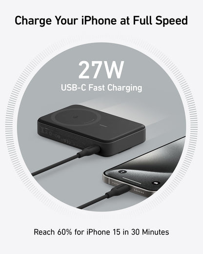 Anker MagGo Power Bank, Qi2 Certified 15W Ultra-Fast MagSafe-Compatible Portable Charger, 10,000mAh Battery Pack with Smart Display & Foldable Stand, For iPhone 15/14/13 Only (USB-C Cable Included)