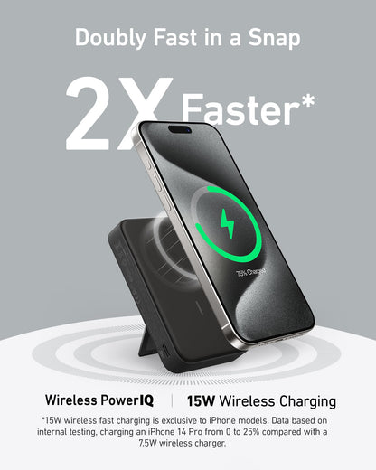 Anker MagGo Power Bank, Qi2 Certified 15W Ultra-Fast MagSafe-Compatible Portable Charger, 10,000mAh Battery Pack with Smart Display & Foldable Stand, For iPhone 15/14/13 Only (USB-C Cable Included)