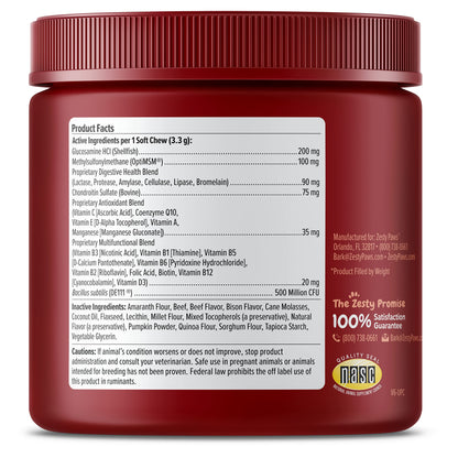 Zesty Paws Multivitamin Treats for Dogs, Glucosamine Chondroitin Joint Support + Digestive Enzymes & Probiotics, Grain Free Dog Vitamins and Supplements for Skin & Coat, Peanut Butter - 90ct