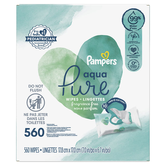 Pampers Baby Wipes Aqua Pure, 99% water-based wipes, Hypoallergenic and Unscented Baby Wipes, 672 Wipes Total (12 Flip-Top Packs)