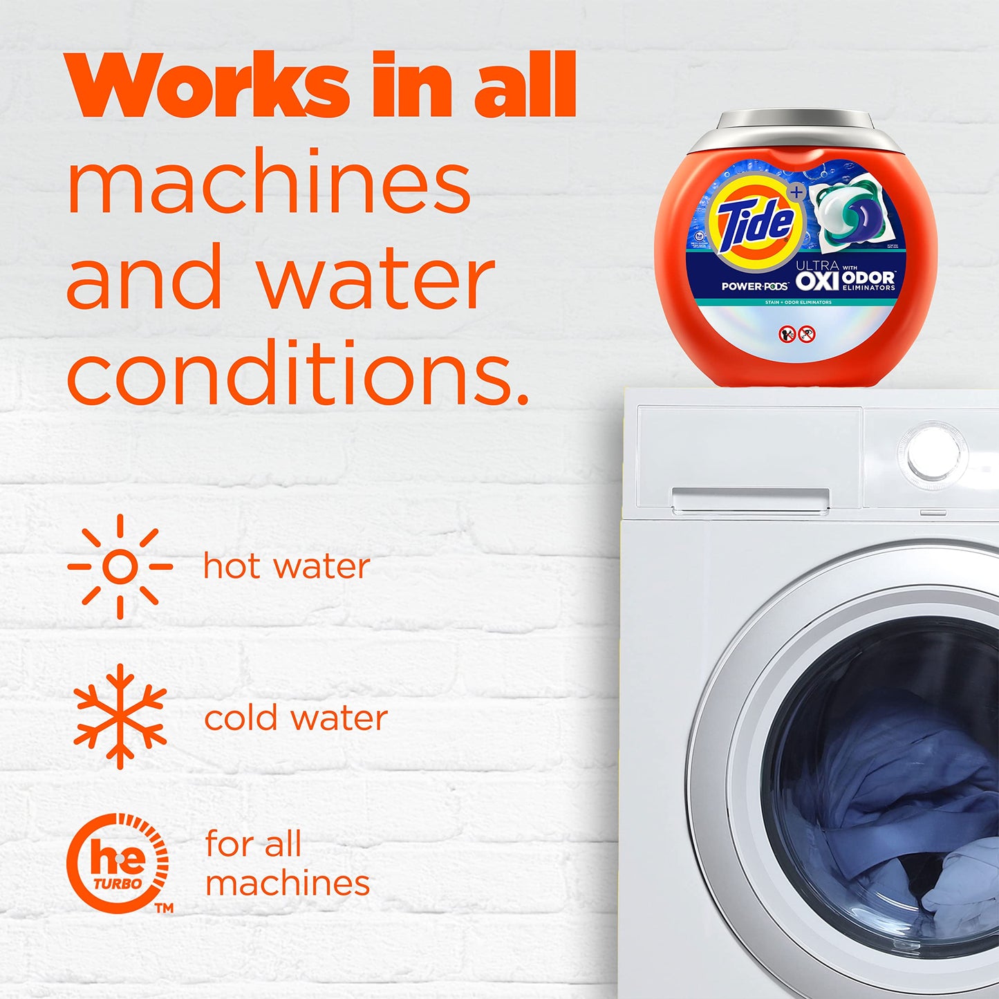 Tide Ultra OXI Power PODS with Odor Eliminators Laundry Detergent Pacs, HE Compatible, Works on Visible and Invisible Dirt, 45 Count Pacs