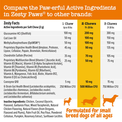 Zesty Paws Multivitamin Treats for Dogs, Glucosamine Chondroitin Joint Support + Digestive Enzymes & Probiotics, Grain Free Dog Vitamins and Supplements for Skin & Coat, Peanut Butter - 90ct