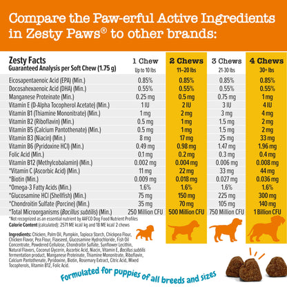 Zesty Paws Multivitamin Treats for Dogs, Glucosamine Chondroitin Joint Support + Digestive Enzymes & Probiotics, Grain Free Dog Vitamins and Supplements for Skin & Coat, Peanut Butter - 90ct
