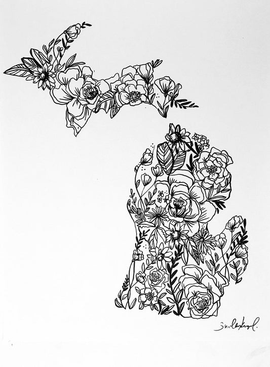 Black and White Floral Michigan Art Print! 11x14in, Mitten Home Decor, Artwork, Simple Design